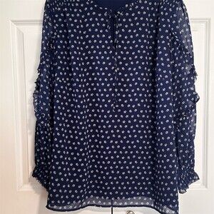 Talbots Blouse Womens Plus 3X Navy Blue White Floral Tie-Neck Ruffle